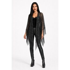 Baar & Beards Metallic Lace Shawl Black Silver Fringe Wrap NEW Goth Boho 114-05